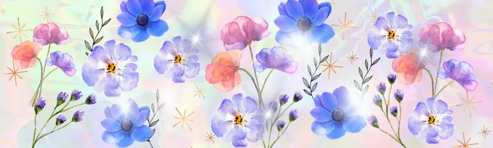 青や紫、ピンク色の花々のイラスト