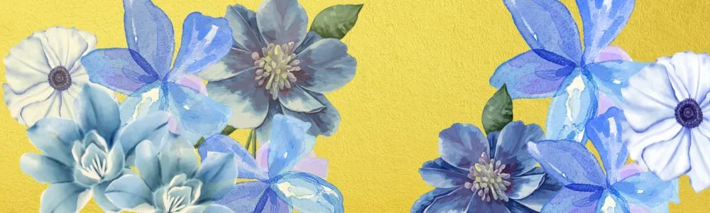 黄色の背景に青い花々の画像