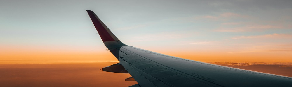 夕暮れを背景にした飛行機の翼
